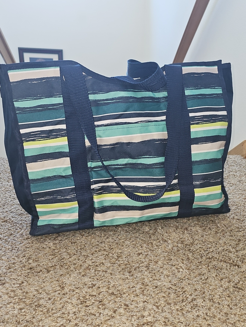 Thirty-one Striped Tote Bag in Teal and Navy - Fashion Carryall